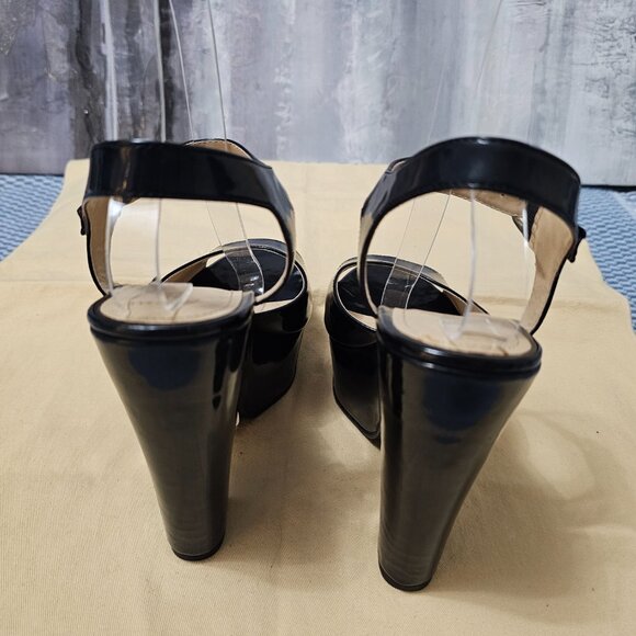NWT Forever 21 Black Patent Platform Heels Ankle Strap Open Toe Sandals - Size 6 - Picture 5 of 9